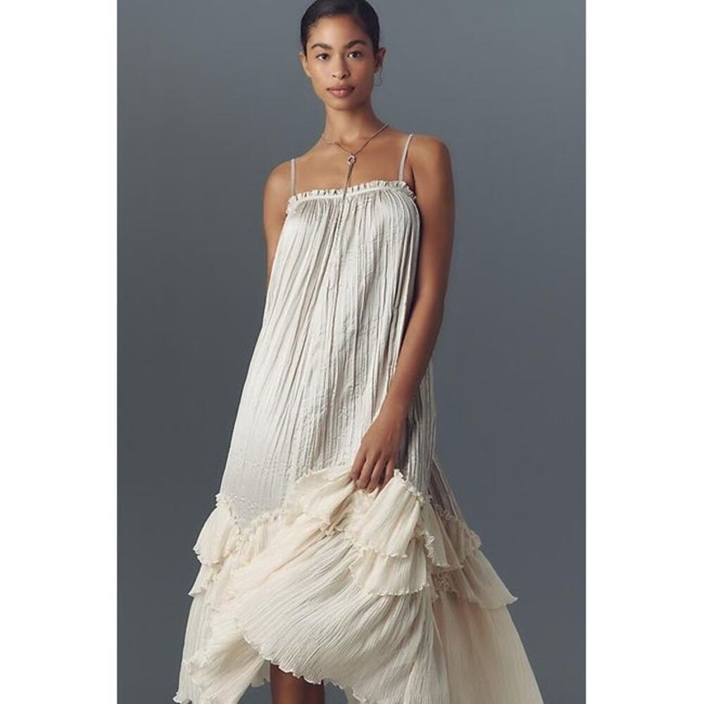 By Anthropologie Sleeveless Square-Neck Layered Plissé Maxi Dress NWT Medium